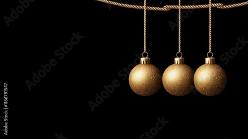 Elegant Golden Christmas Ornaments Hanging Against a Black Background