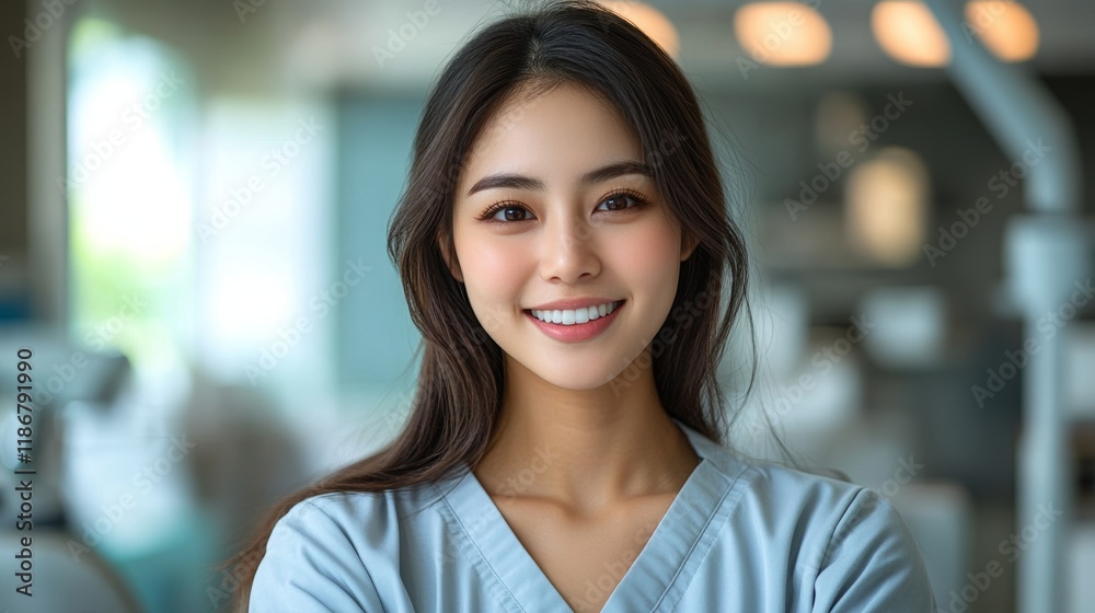 Capturing the portrait of a young Asian female dentist, smiling confidently in her modern dental clinic, exuding professionalism and care Capturing the portrait of a young Asian female dentist, smiling confidently in her modern dental clinic, exuding professionalism and care