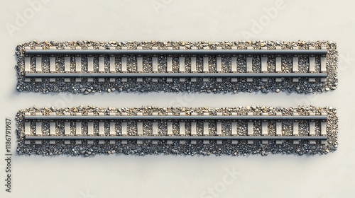 Overhead view of two parallel train tracks on ballast.