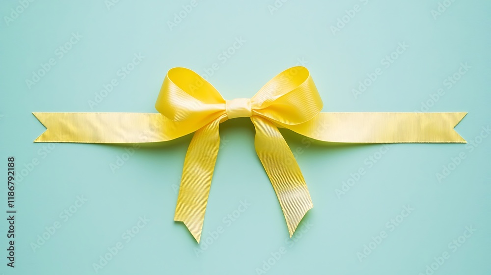 A yellow ribbon bow on a light blue background A yellow ribbon bow on a light blue background