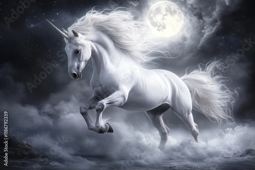 A unicorn leaping gracefully over a moonlit river, its mane and tail leaving trails of light in the air photo