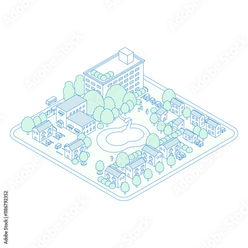 アイソメトリックの街のイラスト。大きな池のある公園とアパートが建つ住宅地。駐車場が隣接する建物。