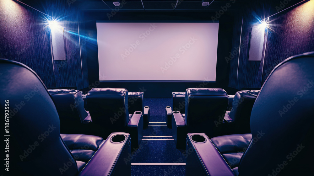 A high-tech cinema room featuring luxurious reclining seats, a large screen, and immersive surround sound, creating the ultimate movie experience for film enthusiasts.