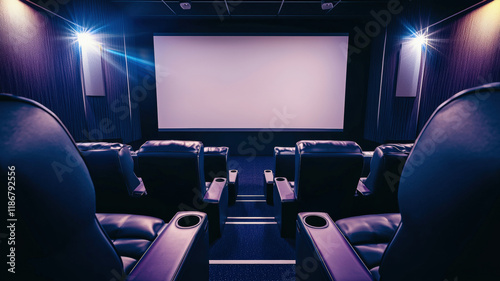 Obraz na płótnie A high-tech cinema room featuring luxurious reclining seats, a large screen, and immersive surround sound, creating the ultimate movie experience for film enthusiasts.
w salonie