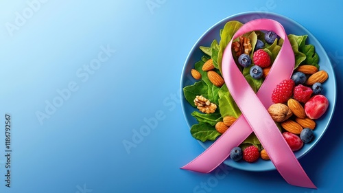 Wallpaper Mural A colorful bowl of fresh fruits, nuts, and greens adorned with a pink ribbon, symbolizing breast cancer awareness and healthy eating. Torontodigital.ca