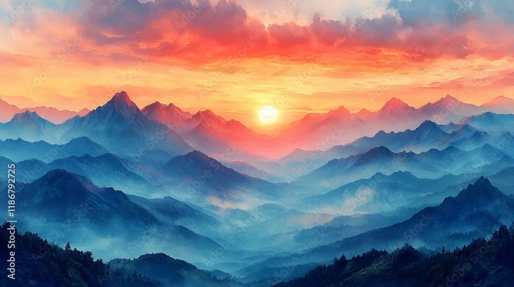 Obraz premium Majestic Mountain Range Sunset Scenic View