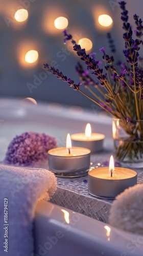 Cosy setting with scented candles and lavender against soft light. Ideal for relaxation blogs, spas and aroma product adverts. photo