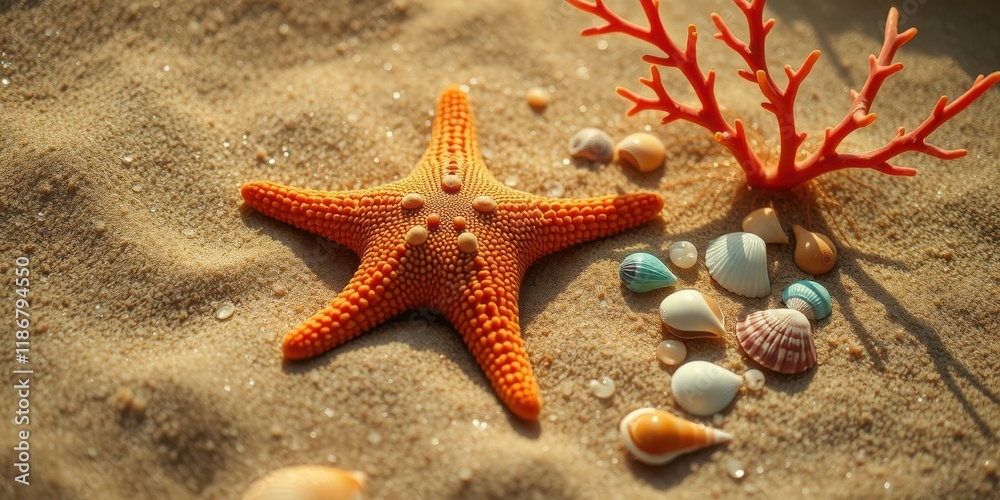 A vibrant orange starfish rests on a bed of warm, fine sand, surrounded by a cluster of colorful seashells and a delicate coral branch. A vibrant orange starfish rests on a bed of warm, fine sand, surrounded by a cluster of colorful seashells and a delicate coral branch.