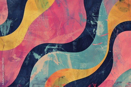 Colorful abstract waves create a vibrant and dynamic pattern suitable for modern decor