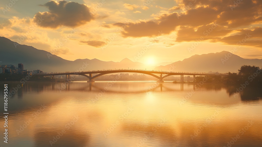 Fototapeta premium Golden Sunset Over Bridge And Mountain Cityscape