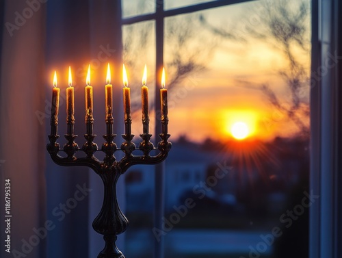 Candle holder with six candles is lit up in front of a window with a sunset in the background photo