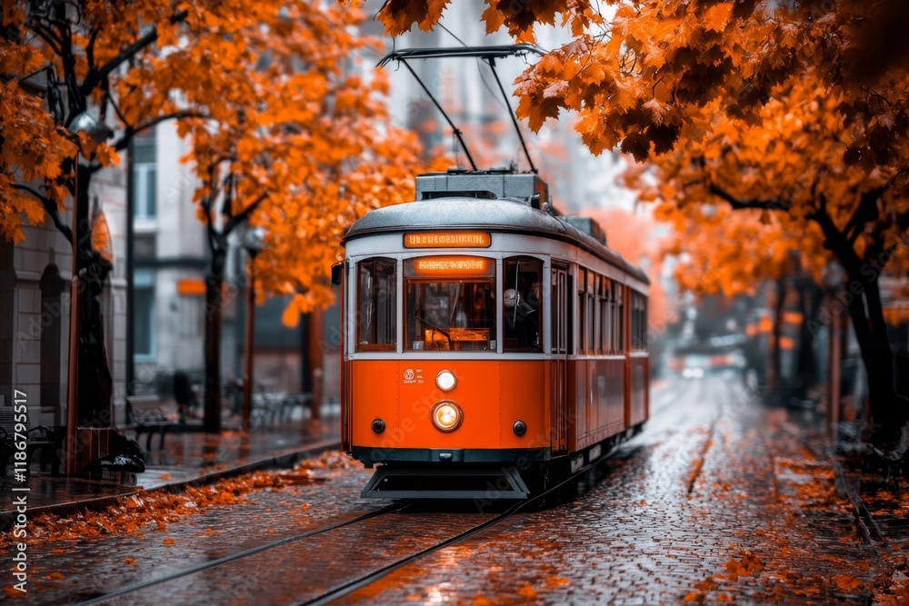 Fototapeta premium A vintage-style poster of an urban tram crossing a cobblestone street, with muted earthy tones and retro typography highlighting the charm of city life