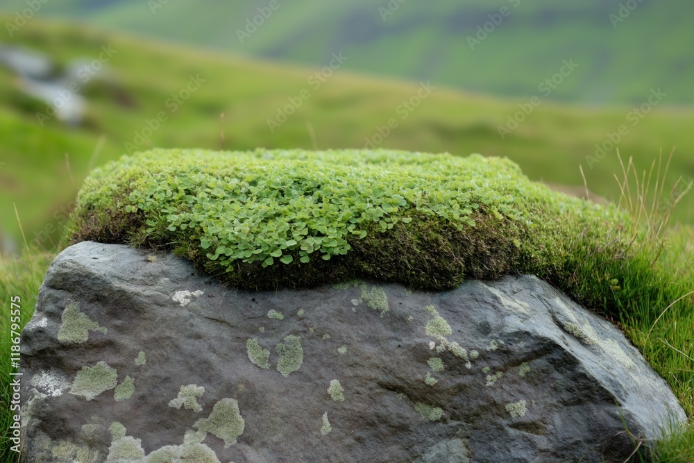 A rock covered in moss and grass sits on a hillside. Concept of tranquility and natural beauty, as the rock blends seamlessly with its surroundings. The lush green moss A rock covered in moss and grass sits on a hillside. Concept of tranquility and natural beauty, as the rock blends seamlessly with its surroundings. The lush green moss