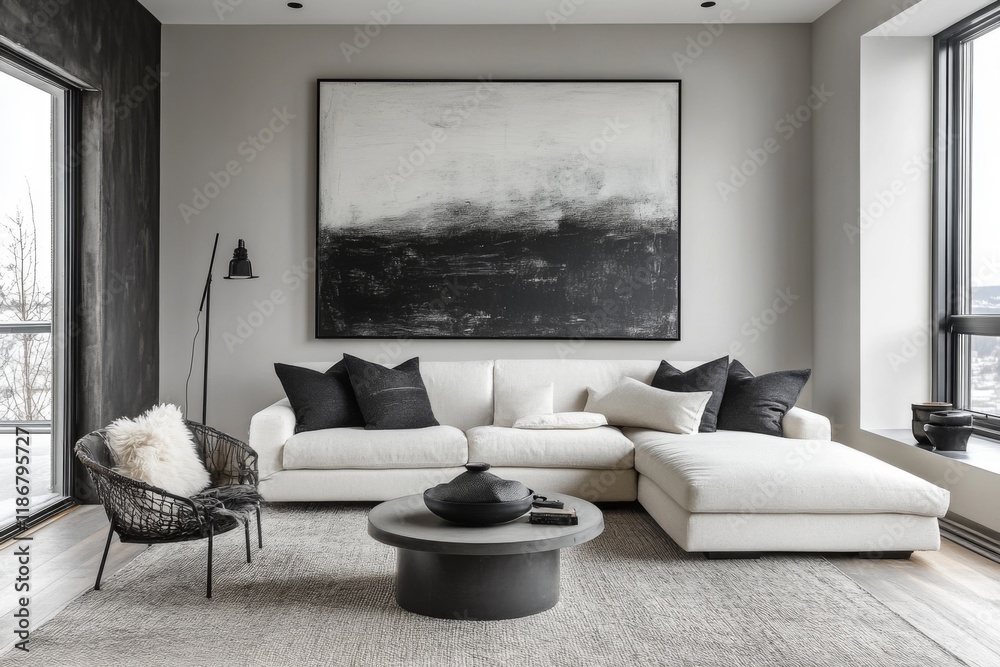 Modern living room with large windows and cozy furniture