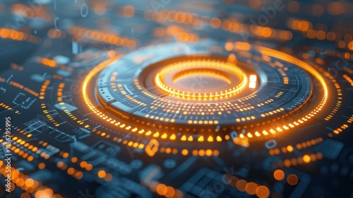 Abstract futuristic technology interface with glowing orange circuits and data streams.