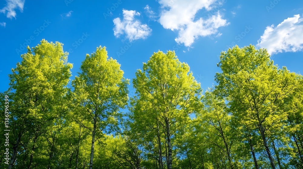 Lush Green Tree Canopy Against Bright Blue Sky with Fluffy White Clouds in Spring : Generative AI Lush Green Tree Canopy Against Bright Blue Sky with Fluffy White Clouds in Spring : Generative AI