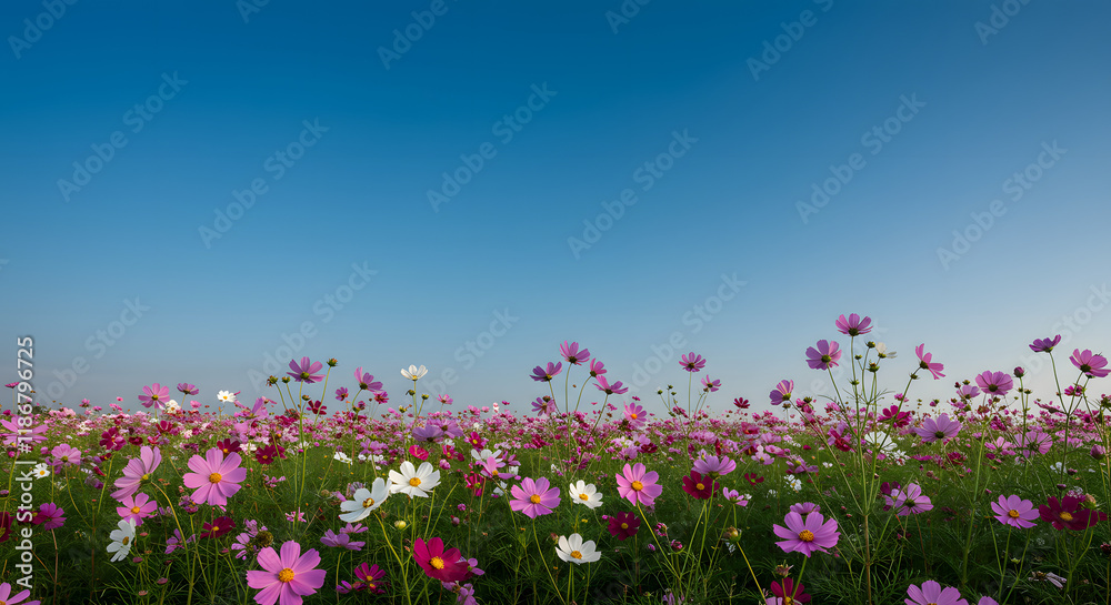 The scene features cosmos flowers complemented by a bright blue sky. The scene features cosmos flowers complemented by a bright blue sky.
