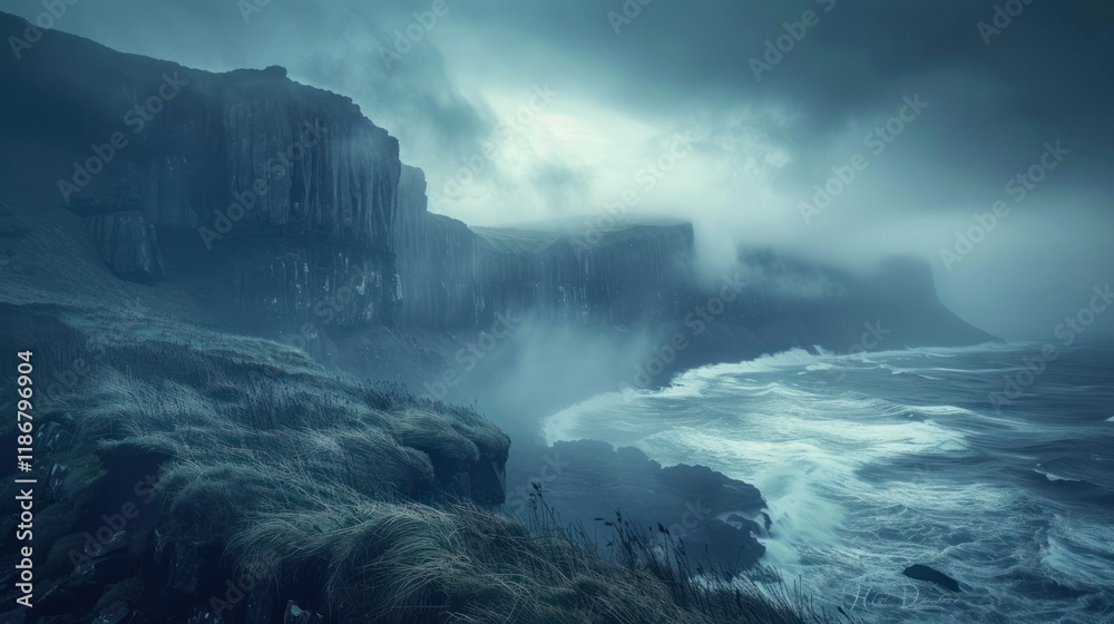 Dramatic coastal cliffs shrouded in mist, with turbulent ocean waves crashing below.