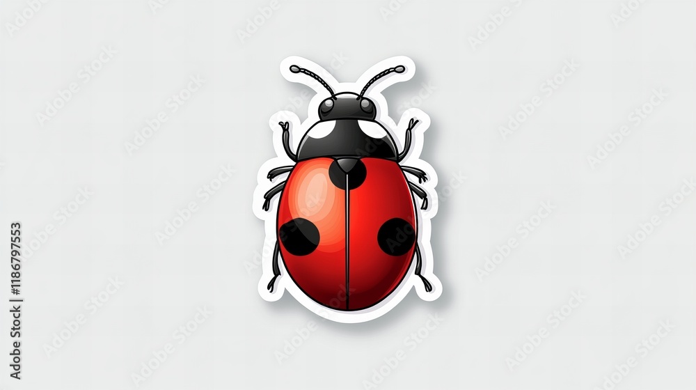 Obraz premium Adorable cartoon ladybug sticker design. Red and black insect illustration on a light gray background.