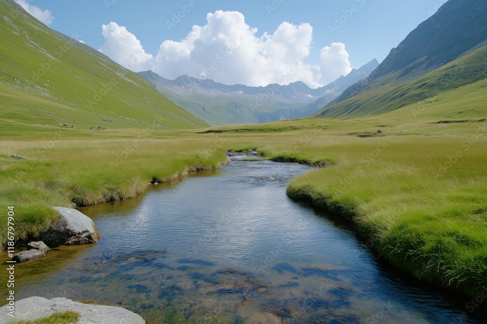 A river runs through a grassy field with mountains in the background. The scene is peaceful and serene, with the water reflecting the sky and the mountains in the distance A river runs through a grassy field with mountains in the background. The scene is peaceful and serene, with the water reflecting the sky and the mountains in the distance