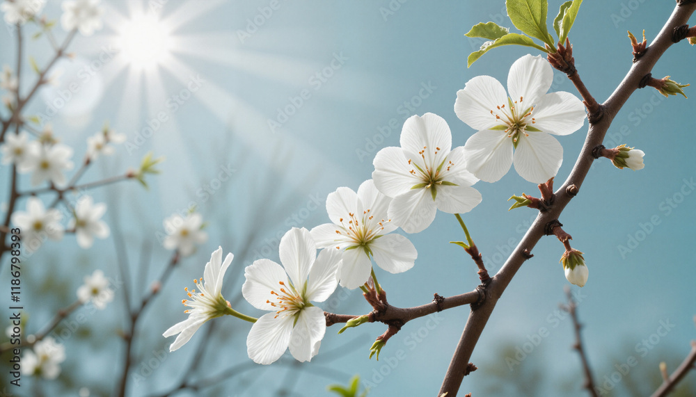 Blossoming tree branches adorned with white flowers under bright sunlight and soft blue sky Blossoming tree branches adorned with white flowers under bright sunlight and soft blue sky