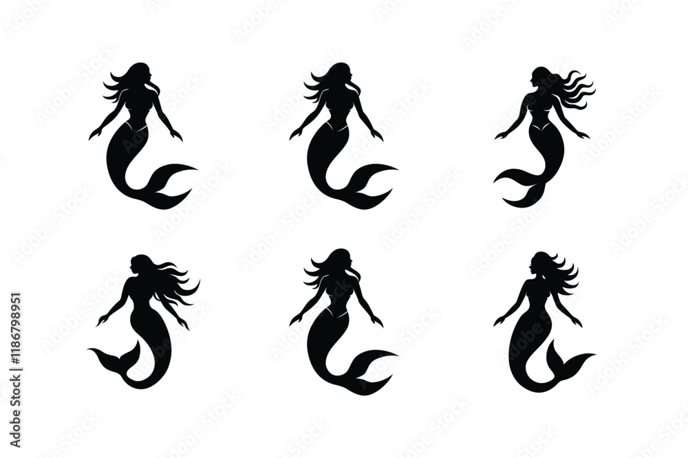 Set of Mermaid Icon Silhouette on White Background Set of Mermaid Icon Silhouette on White Background