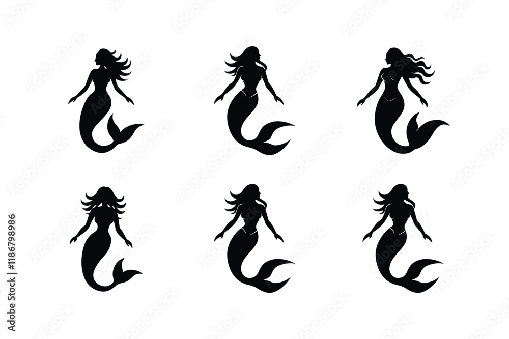 Set of Mermaid Icon Silhouette on White Background Set of Mermaid Icon Silhouette on White Background