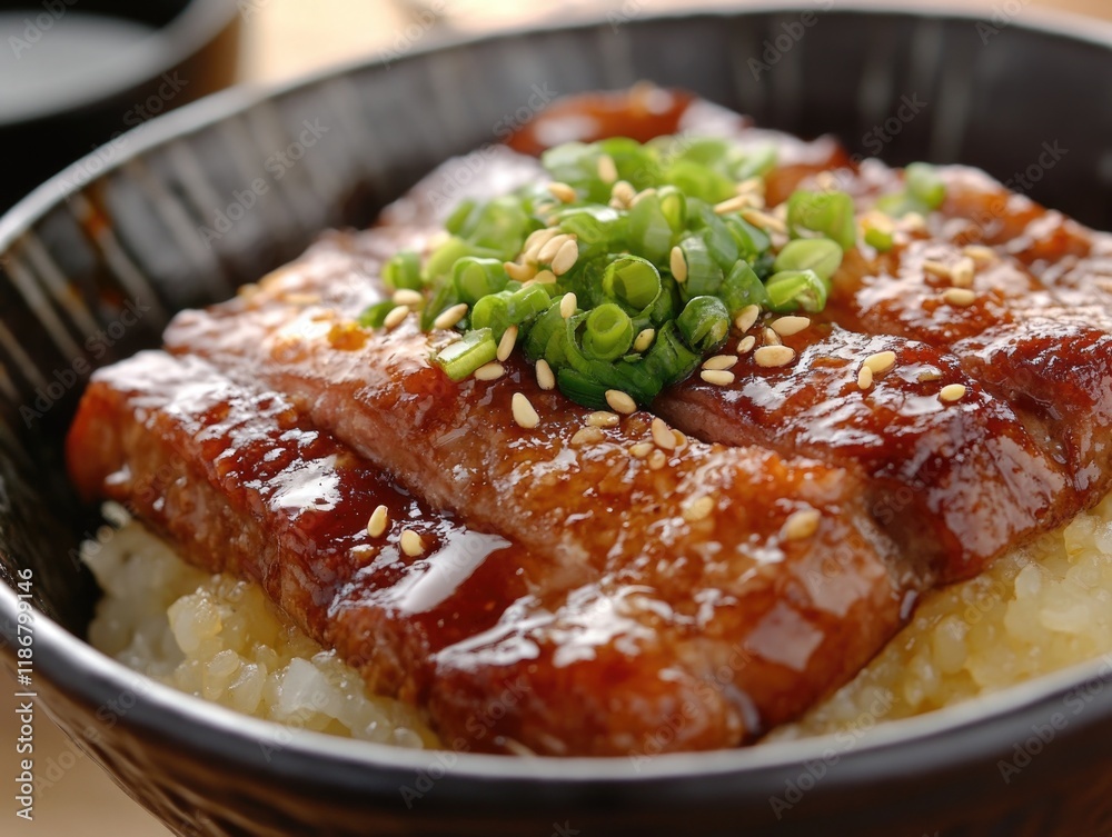 A delicious serving of beef ribs in a bowl, topped with rice and garnished with green onions and sesame seeds. A delicious serving of beef ribs in a bowl, topped with rice and garnished with green onions and sesame seeds.