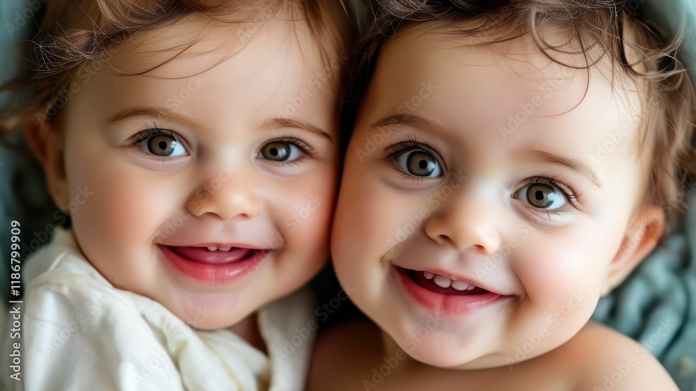 Two smiling babies showcase joy and innocence, representing family love and childhood happiness Two smiling babies showcase joy and innocence, representing family love and childhood happiness