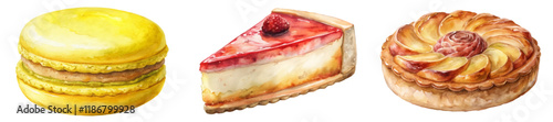 Colorful dessert illustrations, watercolor style, macarons, cheesecake slice, fruit tart, sweet treats, bakery art.