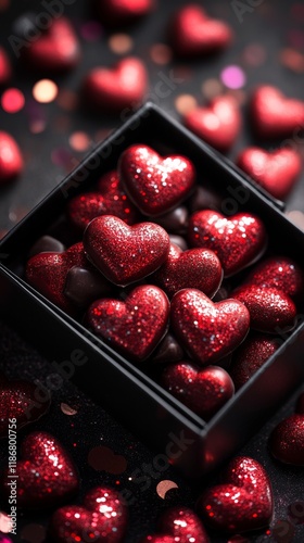 Glossy red heart-shaped chocolates cascading from luxe black gift box, symbolizing passionate Valentine's Day romance