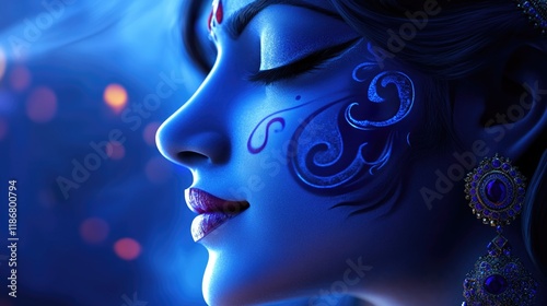 Fantasy-themed digital artwork featuring a woman with mystical, ethereal features. Her face is adorned with intricate patterns and she gazes into the distance with her eyes gently closed.