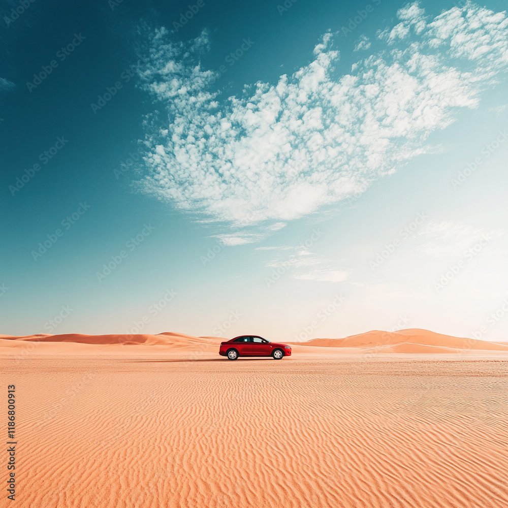 Red car on sandy desert with blue sky and scattered clouds Red car on sandy desert with blue sky and scattered clouds