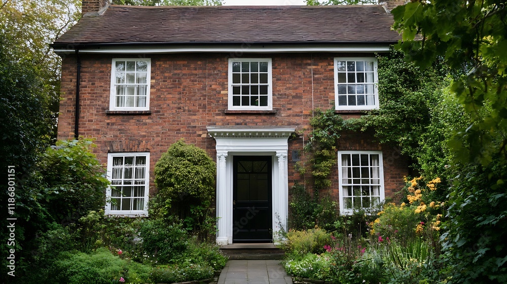 Brick House Facade with Garden and Pathway Surrounded by Verdant Greenery : Generative AI Brick House Facade with Garden and Pathway Surrounded by Verdant Greenery : Generative AI