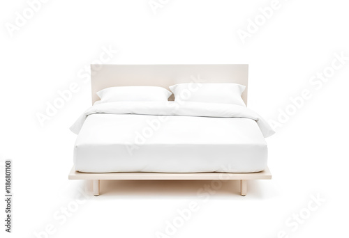 Blank white bed mockup, front view, isolated, 3d rendering. Empty tucked bedstead with pillows and blanket mock up. Clear bedclothes template. Place for sleep with mattress, pillow and duvet. photo