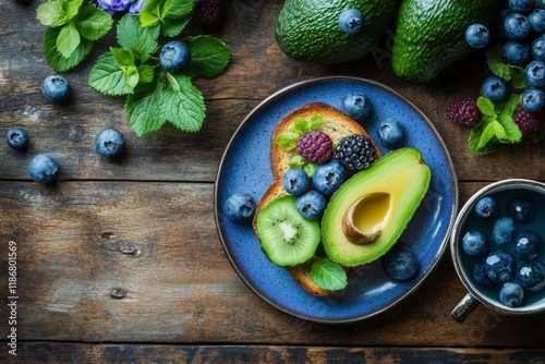 Avocado blueberry and kiwi arranged on a wooden plate photo