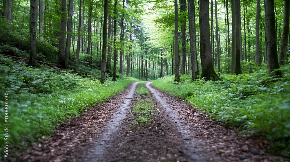 Tranquil Forest Pathway Surrounded by Tall Lush Green Trees : Generative AI Tranquil Forest Pathway Surrounded by Tall Lush Green Trees : Generative AI