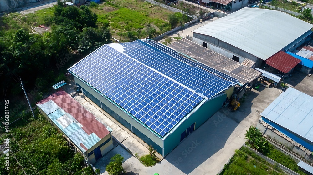 Large Industrial Building with Solar Panel Installation on Roof for Sustainable Energy : Generative AI Large Industrial Building with Solar Panel Installation on Roof for Sustainable Energy : Generative AI