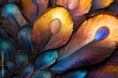 Close-up of vibrant peacock feathers with intricate details photo