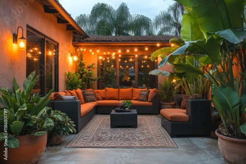 Outdoor patio with lush greenery and cozy seating photo