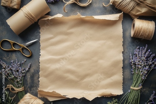 Rustic parchment paper with lavender and vintage accessories photo