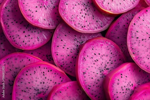 Close-up of vibrant pink dragon fruit slices in soft light photo