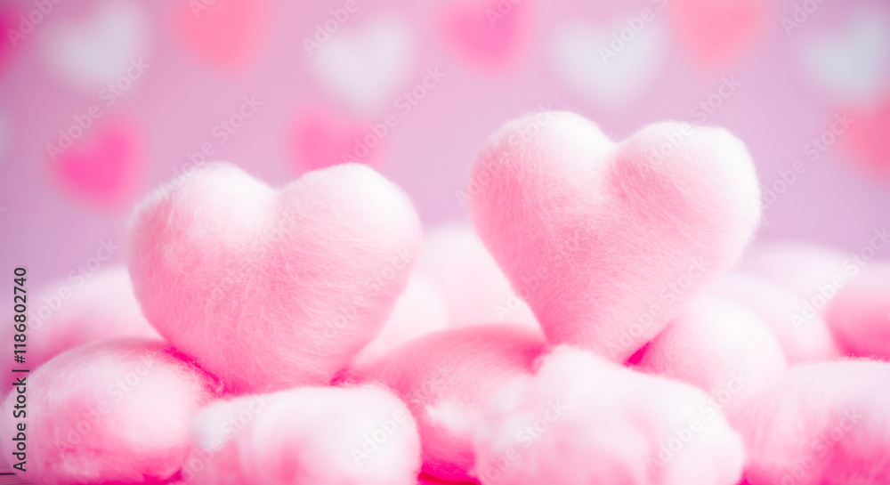 Obraz premium Soft pink heart-shaped cushions with blurred hearts background