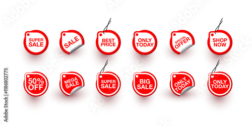 Collection of red stickers or vector sale icons. special offer, big sale, shop now, only today, sale, best price, 50% off