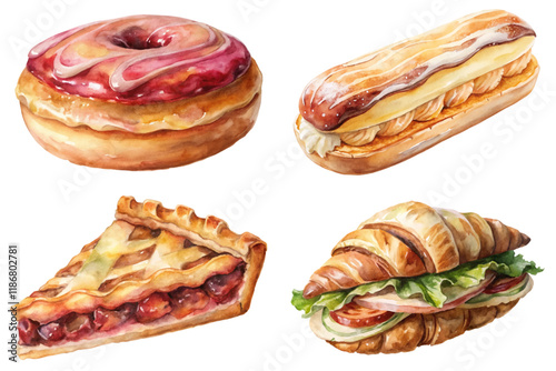 Colorful dessert illustrations, watercolor style, sweet pastries, delicious treats, bakery items, artistic food design.