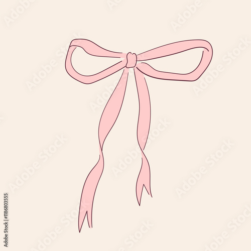 Cute pink bow clipart in line art style. Coquette and balletcore girly decoration. Hand drawn silk ribbon accessory. Vintage fashion element in pastel color. Vector illustration