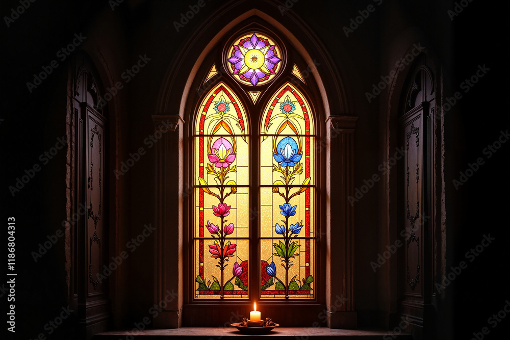 Fototapeta premium Gothic Stained Glass Window with Luminous Floral Design for Sacred Architecture