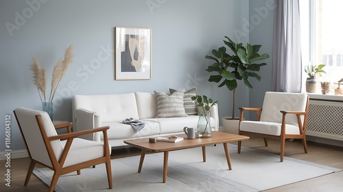 Modern living room interior design, furniture arrangement, Scandinavian style, light blue walls, calm atmosphere, home decor photo