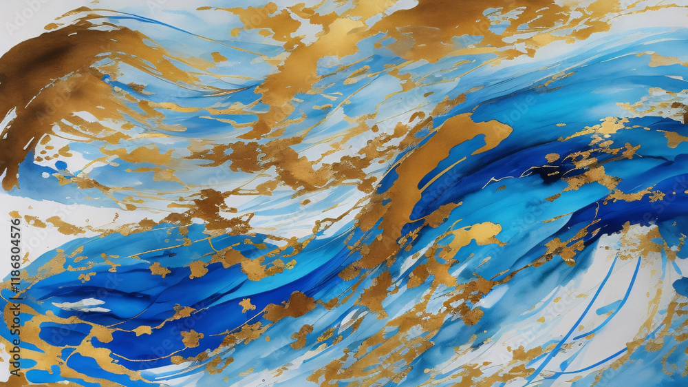 Watercolor Art, Blue Abstract Art Canvas With Gold Watercolor Art, Blue Abstract Art Canvas With Gold