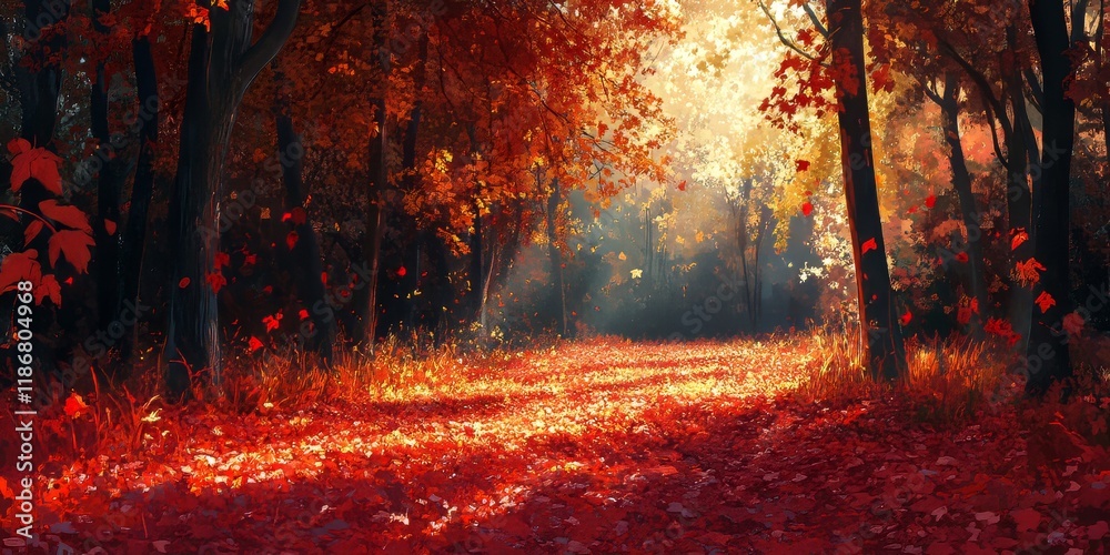 Sunlit autumn forest scene featuring a carpet of red dry leaves, capturing the essence of fall with a rich tapestry of red dry leaves that enhance the beauty of the natural surroundings. Sunlit autumn forest scene featuring a carpet of red dry leaves, capturing the essence of fall with a rich tapestry of red dry leaves that enhance the beauty of the natural surroundings.